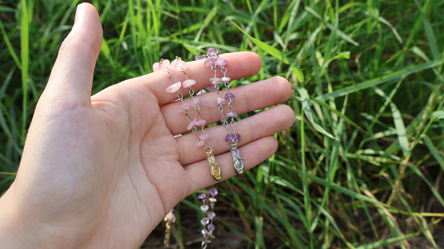 Ballet Pointe Shoe Gemstone Necklace in Gold Rose Quartz and Silver Amethyst Stones