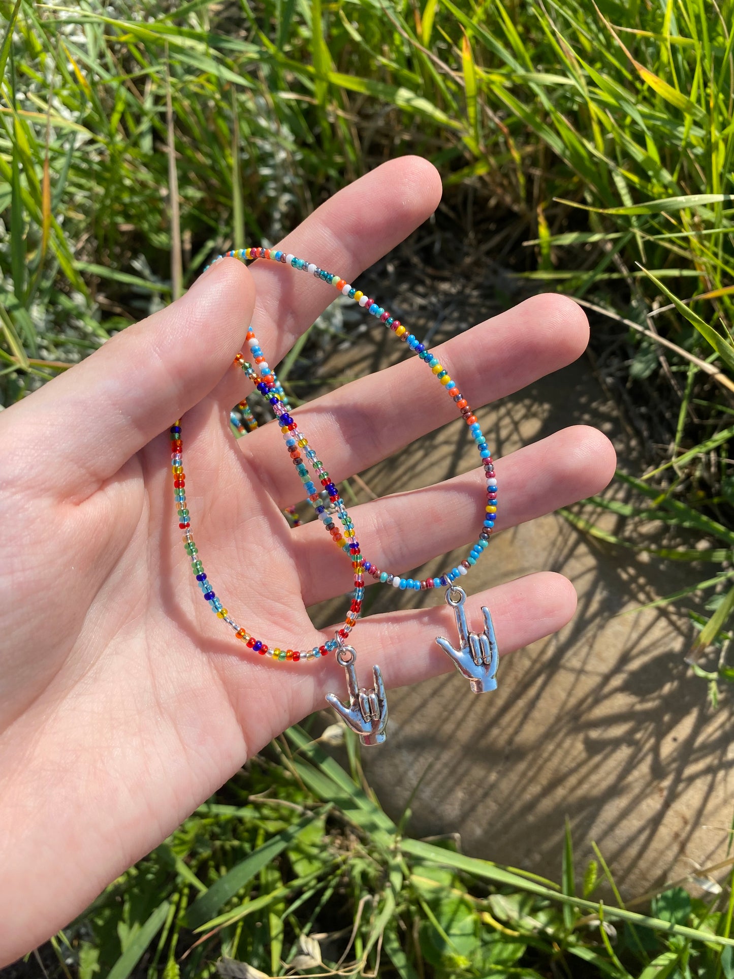 American Sign Language "I Love You" Beaded Rainbow Charm Necklace in Silver