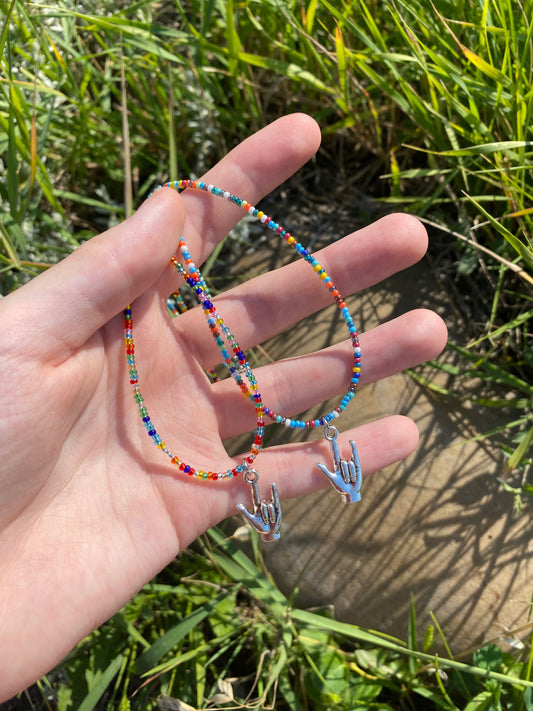 American Sign Language "I Love You" Beaded Rainbow Charm Necklace in Silver