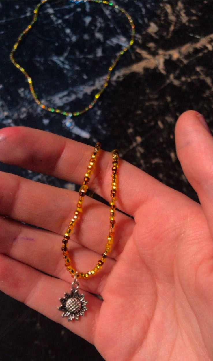 Yellow and Brown Dainty Silver Sunflower Beaded Charm Necklace