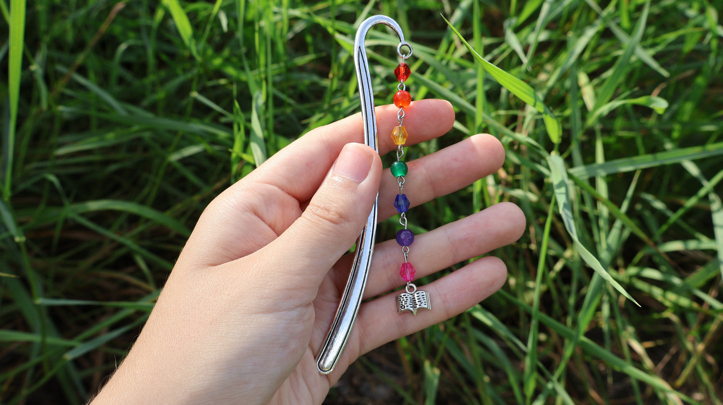 Rainbow Beaded Reading Bookmark in Silver