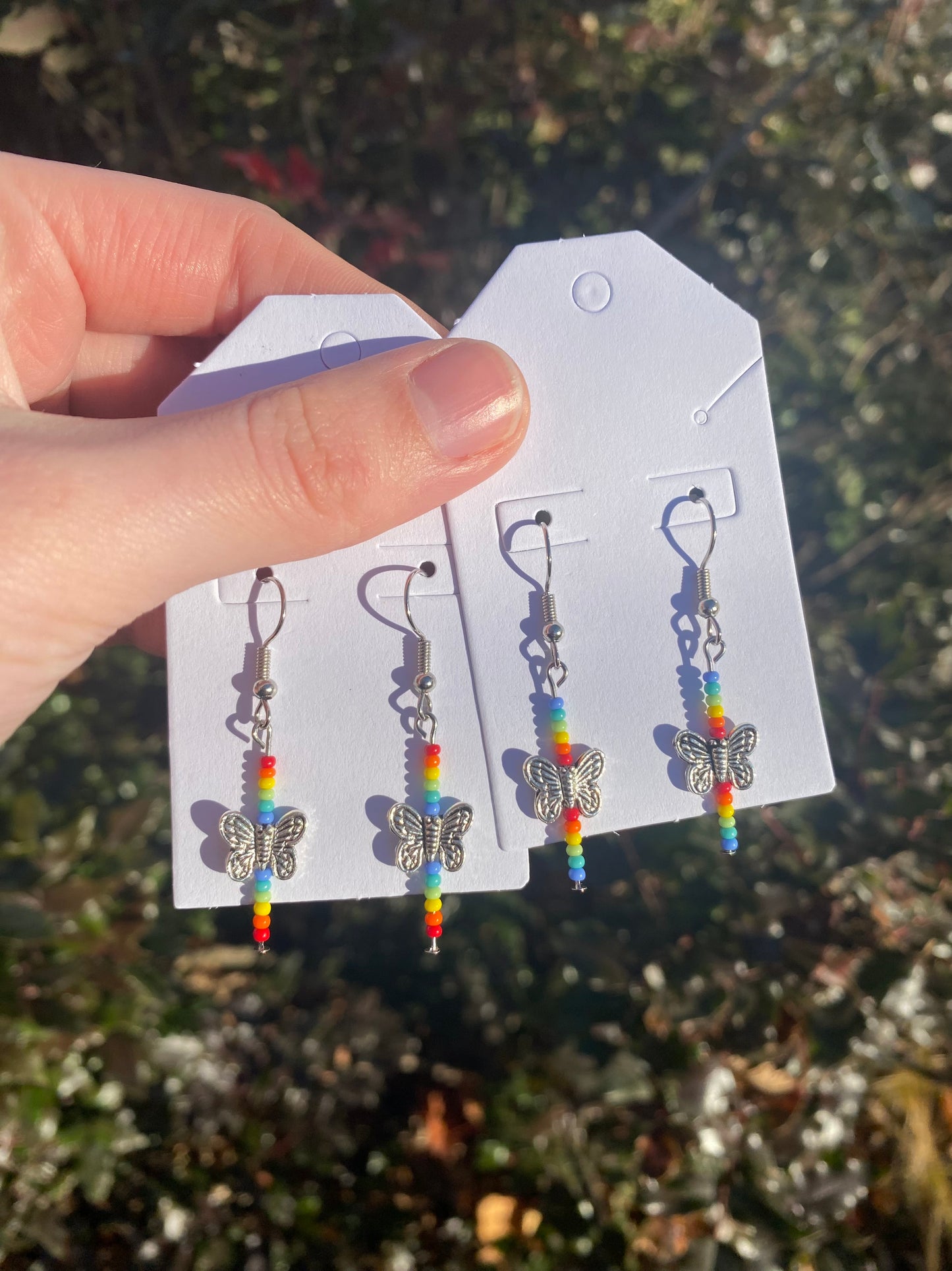 Rainbow Butterfly Dangle Drop Silver Charm Earrings