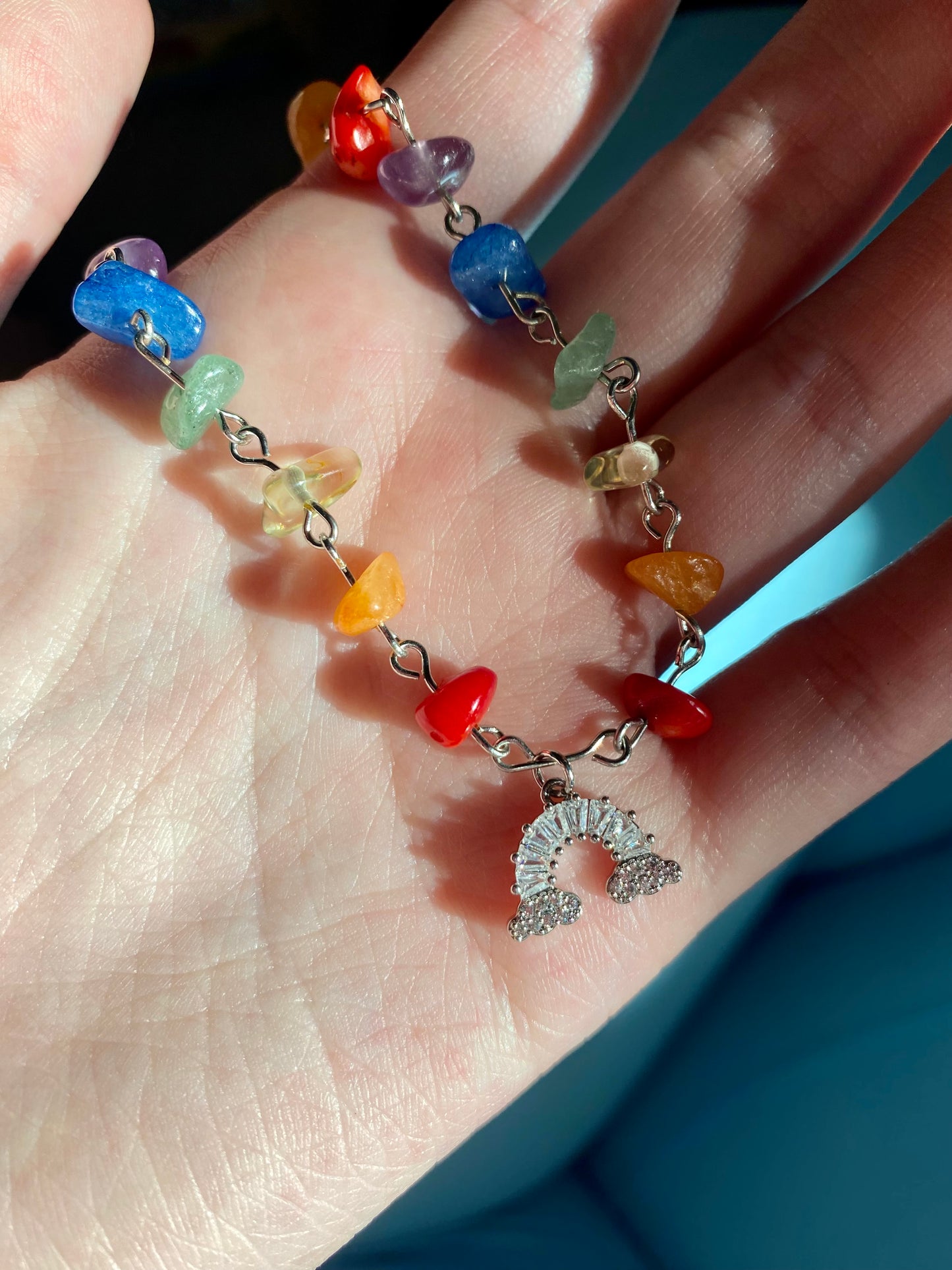 Rainbow Silver Sparkly Baguette Gemstone Charm Necklace