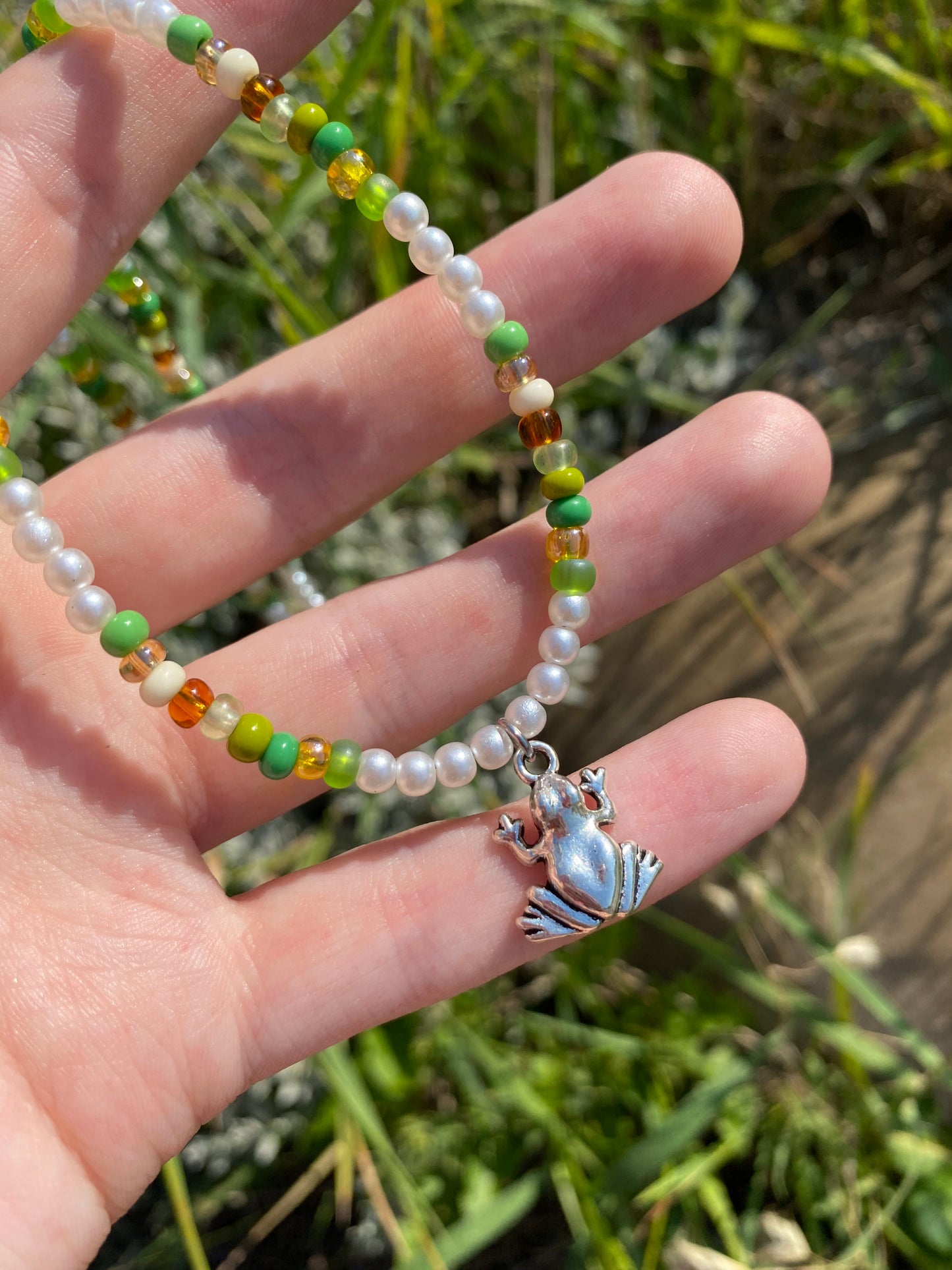 Frog Faux Pearls and Beads Silver Charm Necklace