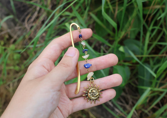 Sun and Moon Gold Citrine and Lapis Gemstone Charm Bookmark