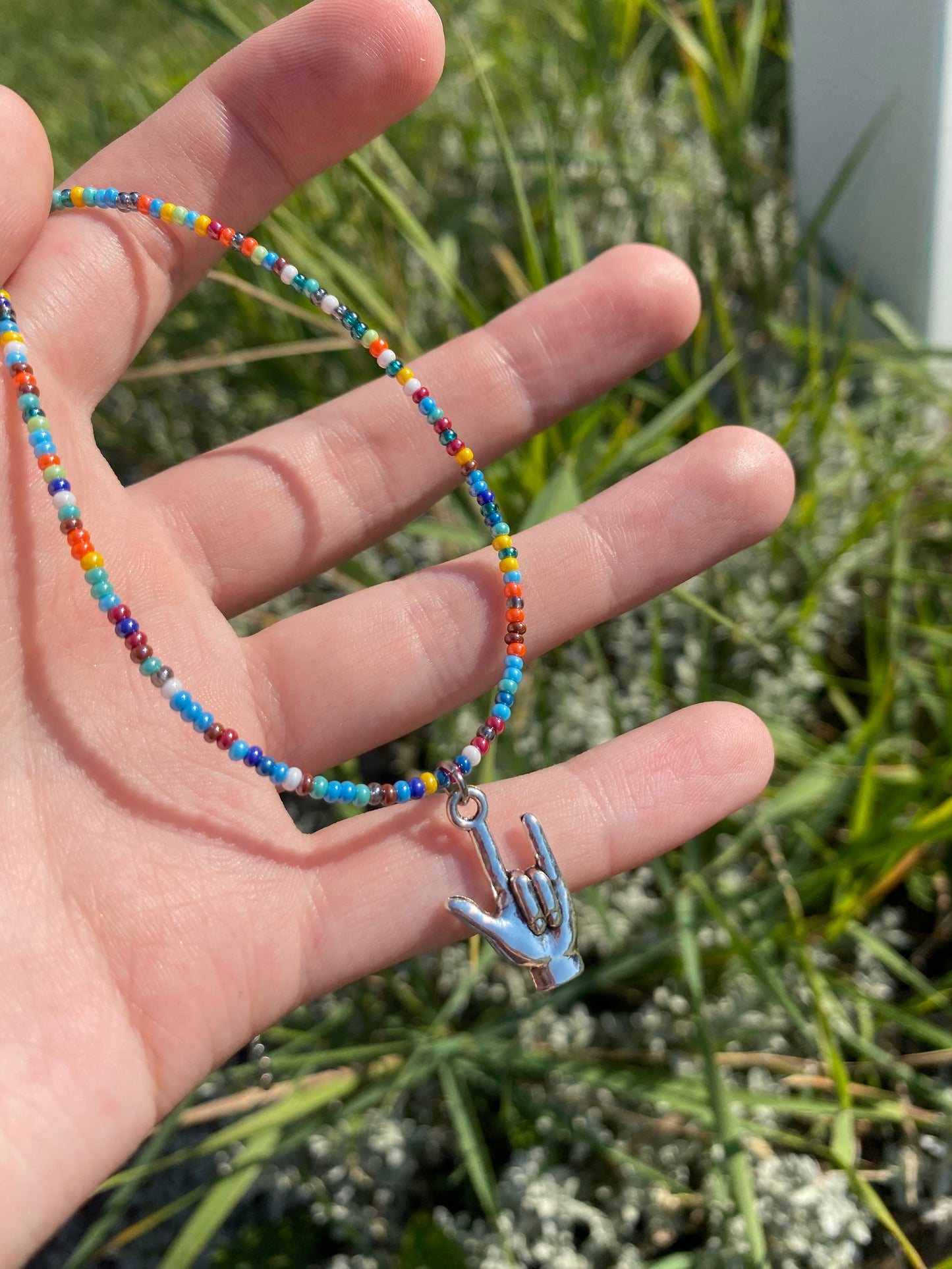 American Sign Language "I Love You" Beaded Rainbow Charm Necklace in Silver