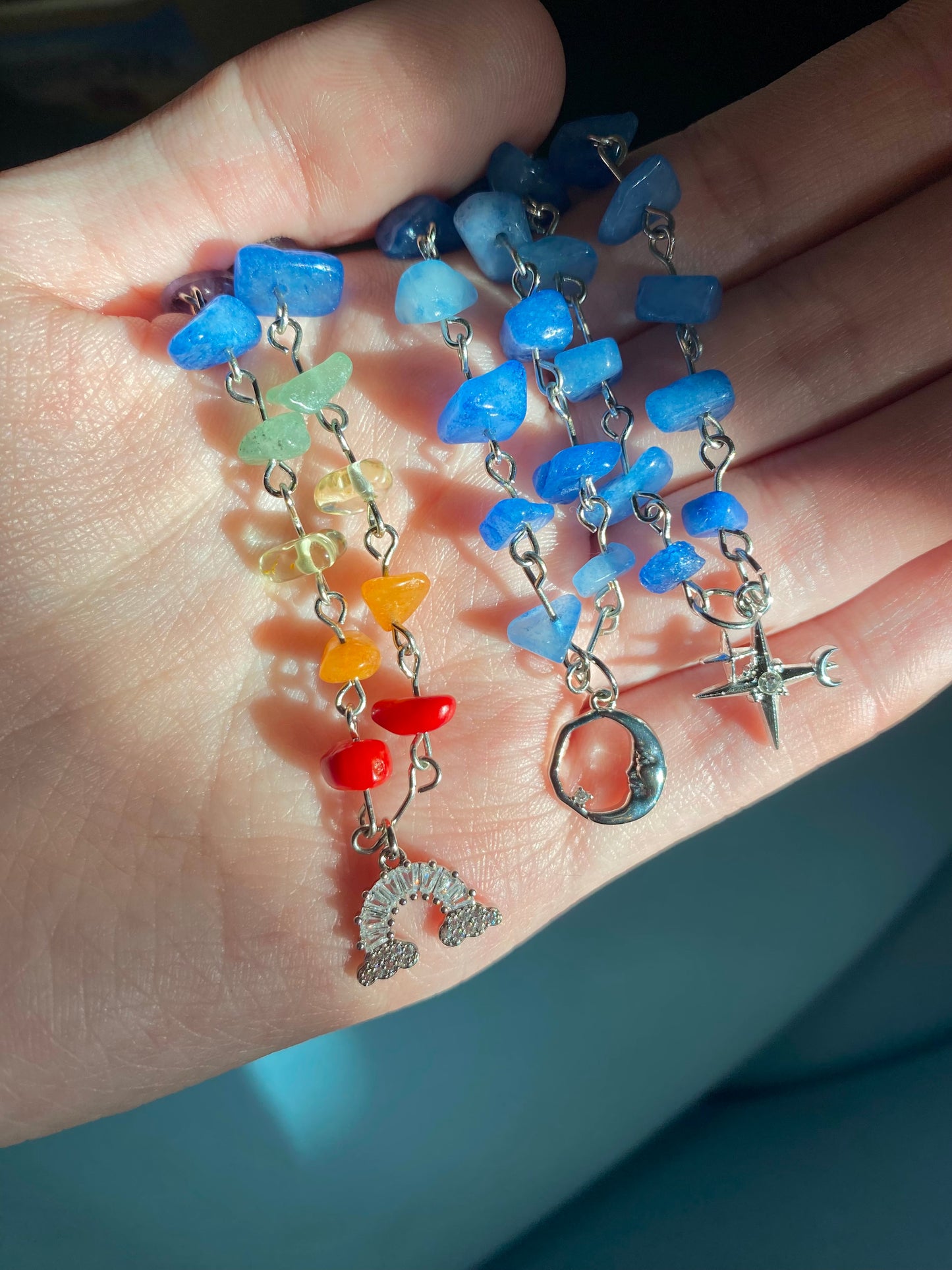 Rainbow Silver Sparkly Baguette Gemstone Charm Necklace