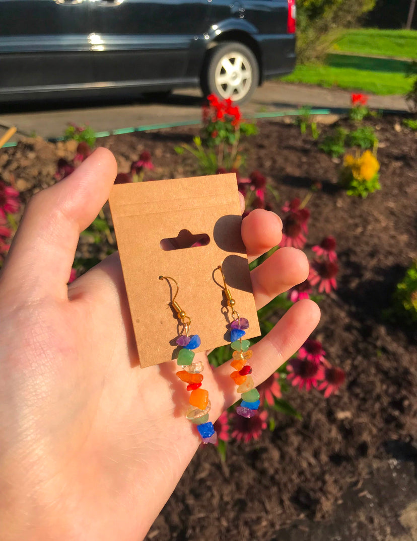 Rainbow Gemstone Chips Gold Dangle Drop Earrings