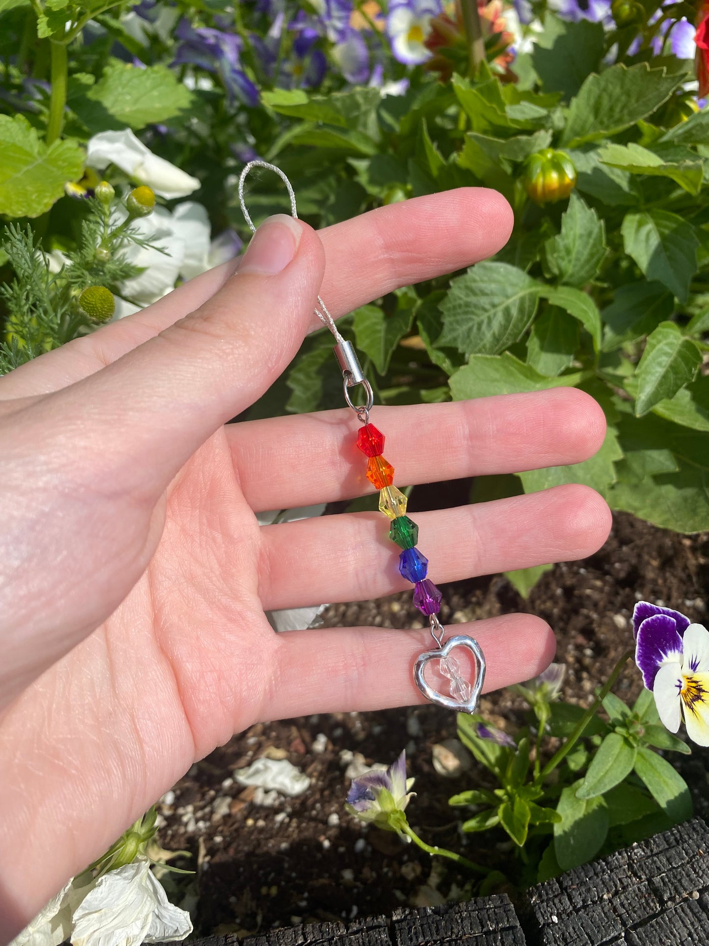 Rainbow Heart Crystal Beads Silver Phone Charm