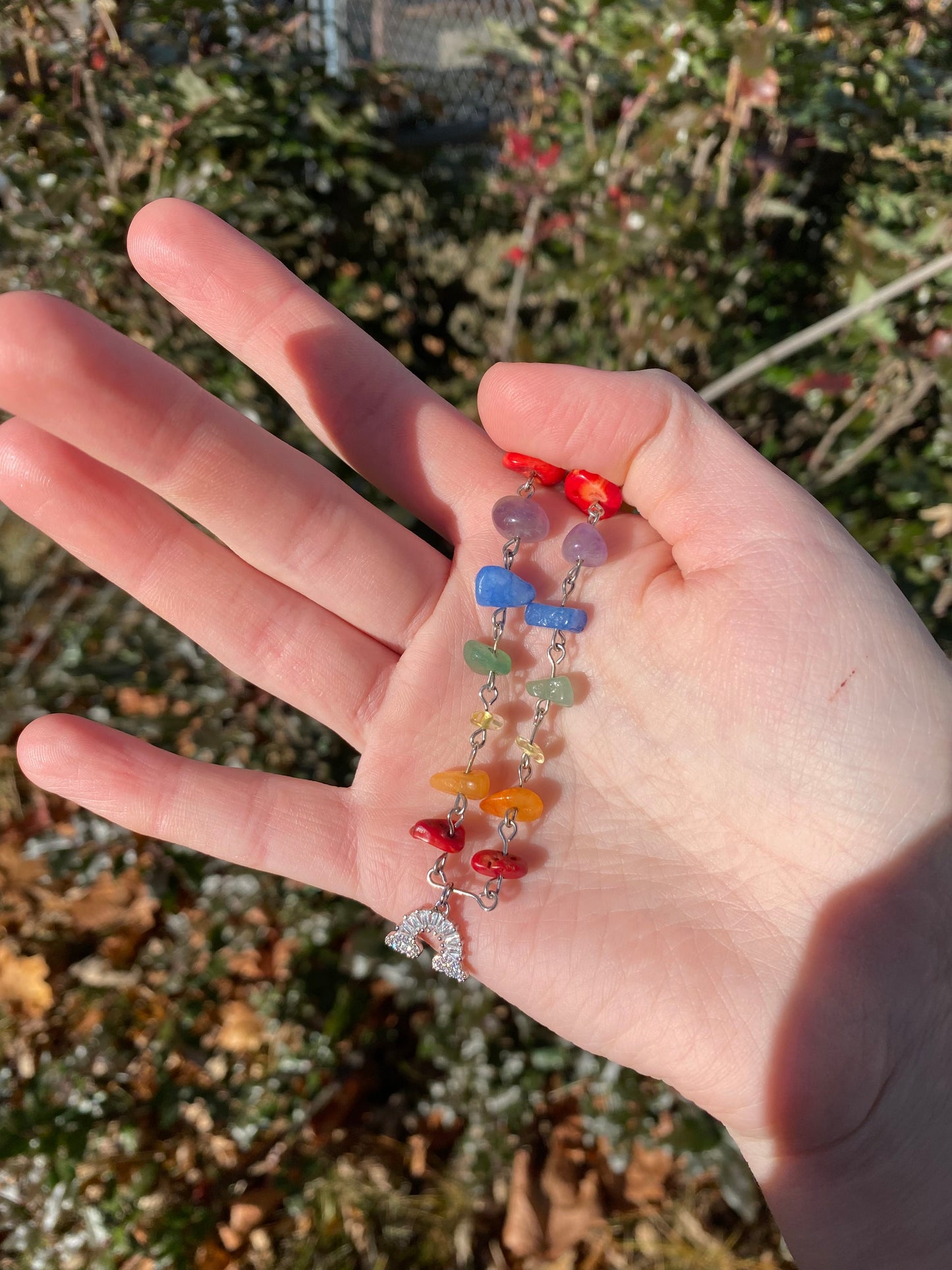 Rainbow Silver Sparkly Baguette Gemstone Charm Necklace