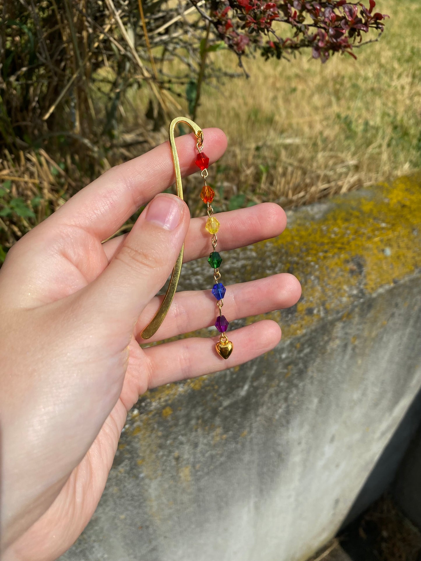 Rainbow Crystal Bead Gold Heart Bookmark