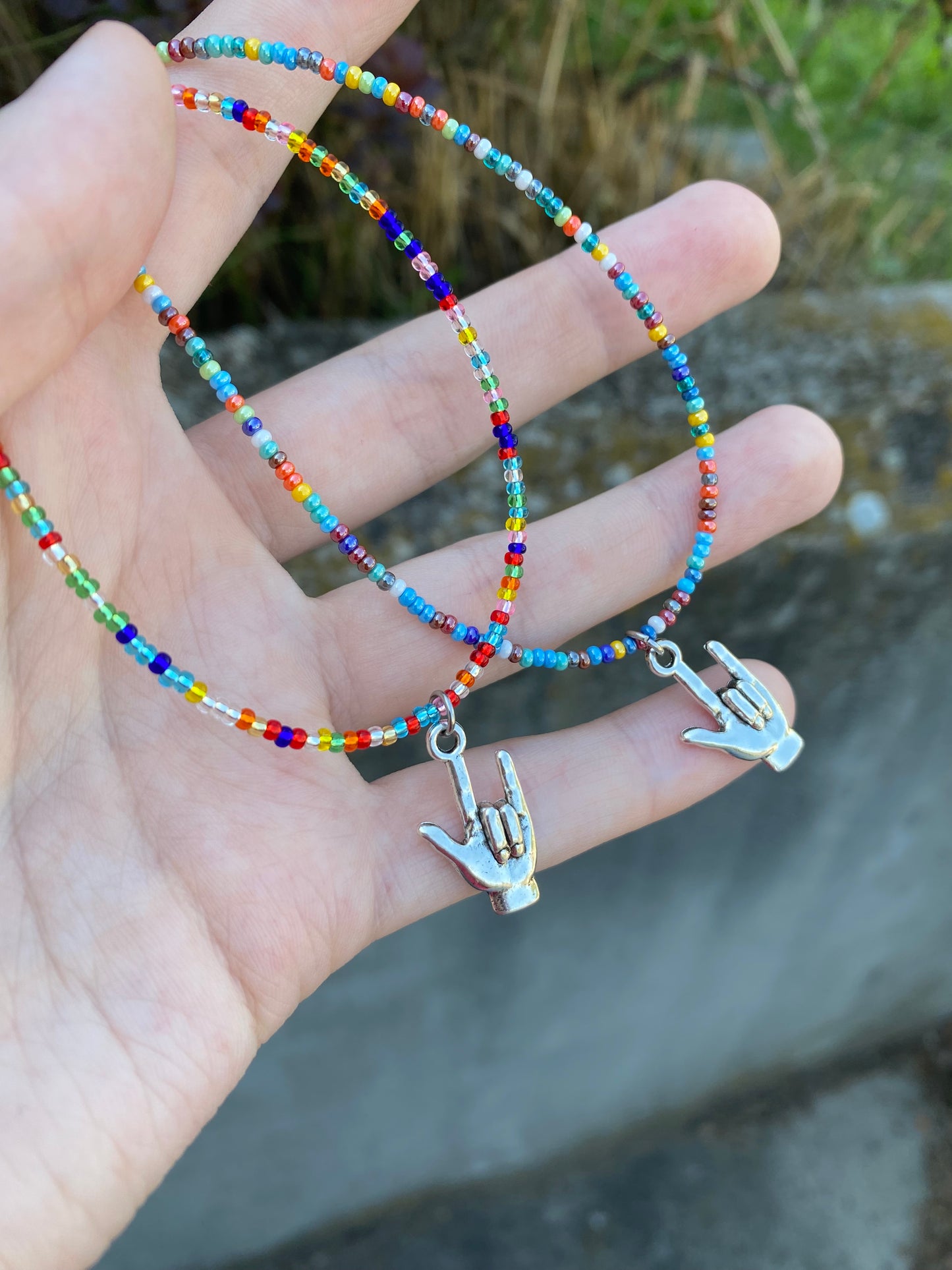 American Sign Language "I Love You" Beaded Rainbow Charm Necklace in Silver