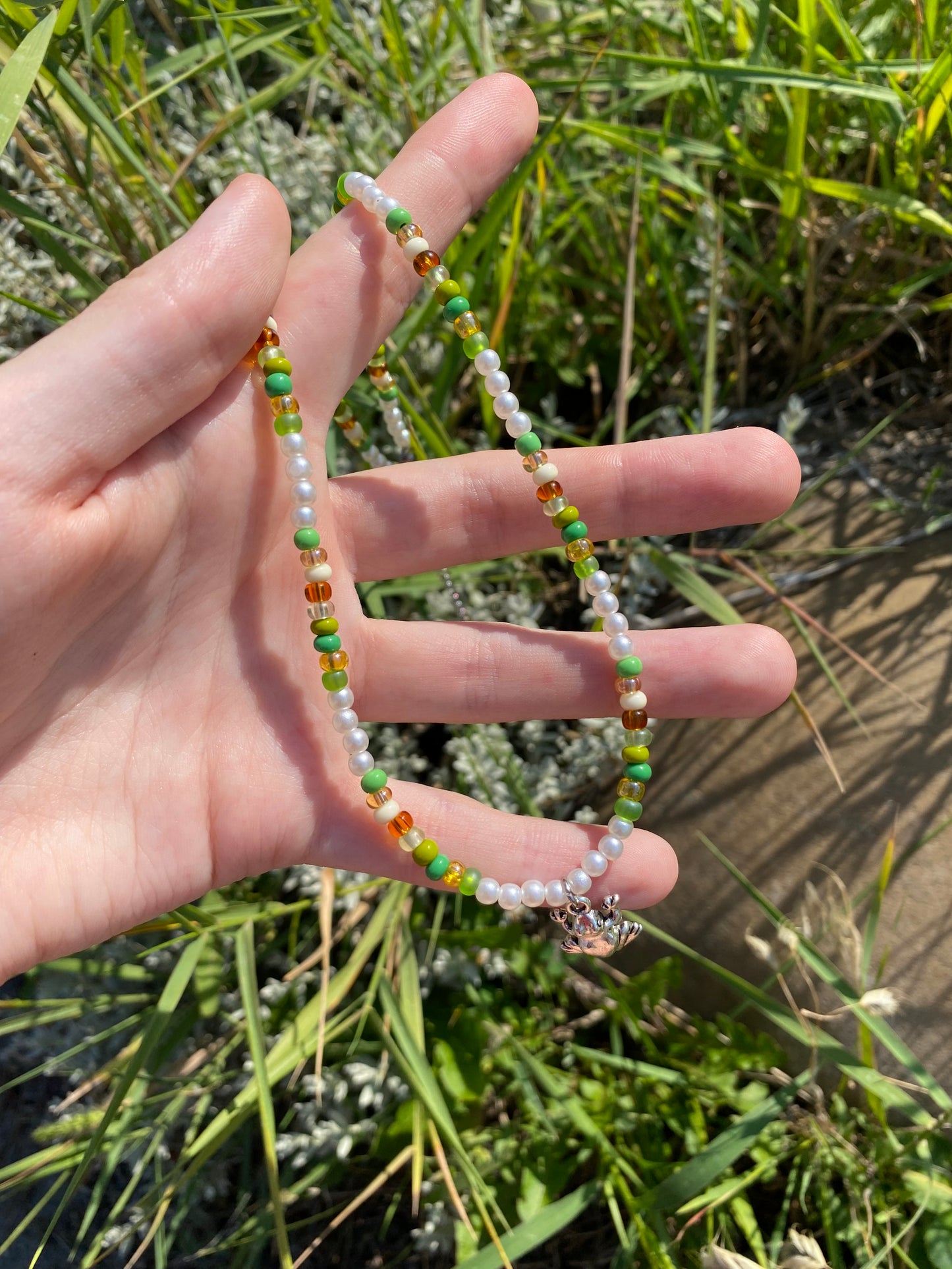 Frog Faux Pearls and Beads Silver Charm Necklace