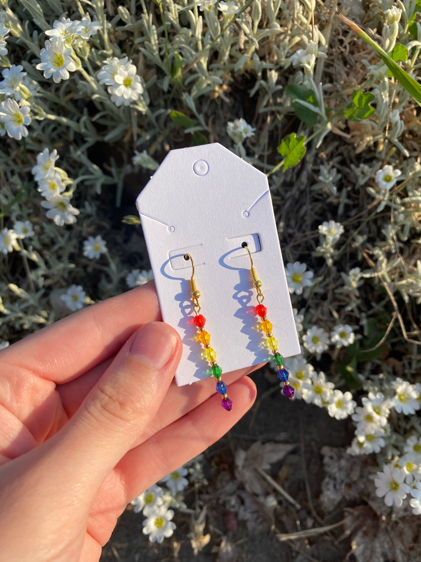 Gold Beaded Rainbow Crystal Dangle Drop Earrings