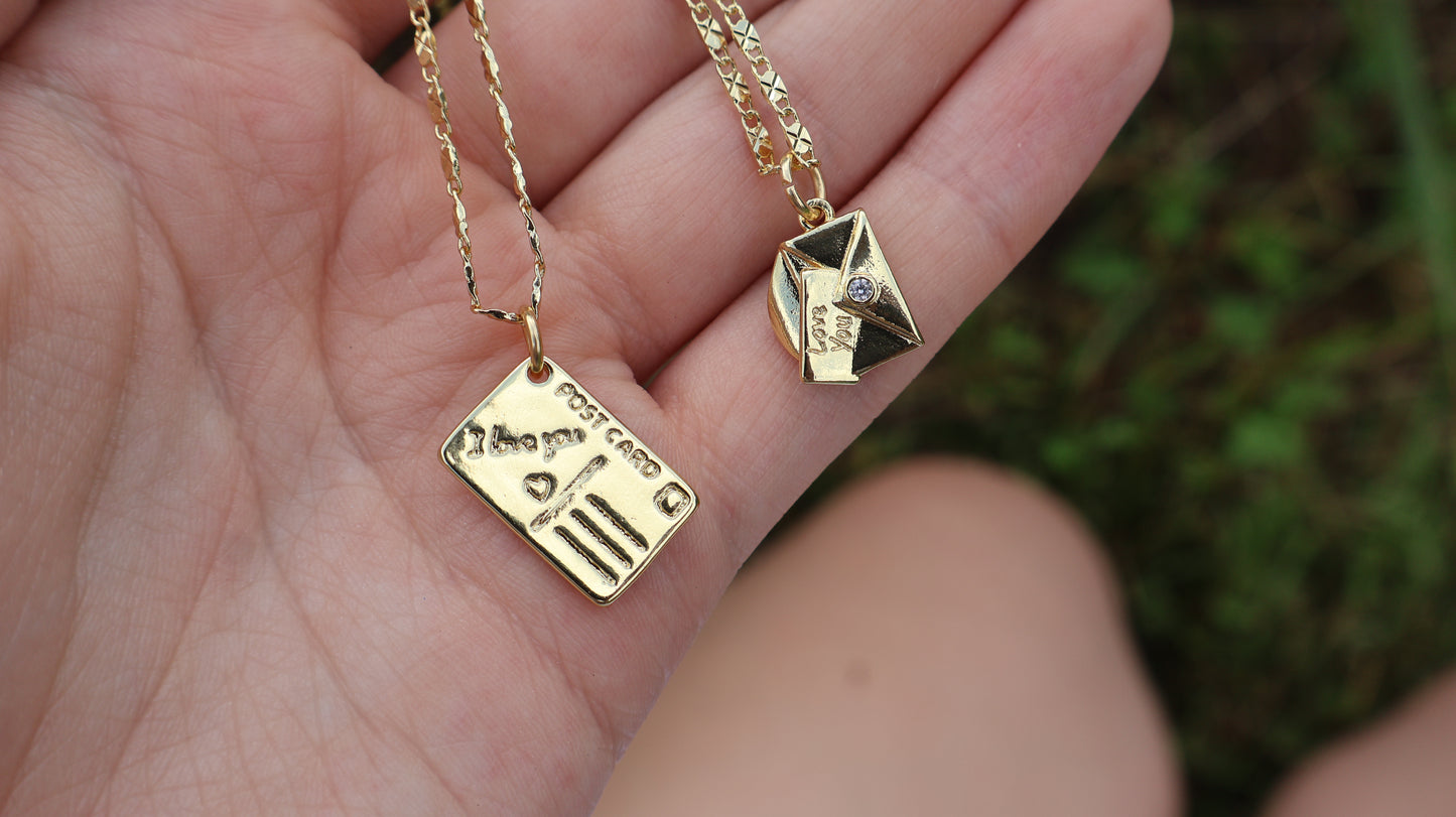 Love Letter Gold Mail Inspired Sunburst Charm Necklace in Postcard or Card