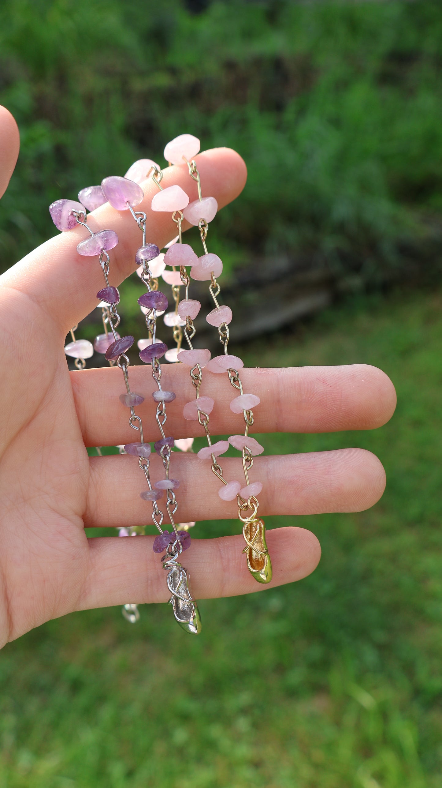 Ballet Pointe Shoe Gemstone Necklace in Gold Rose Quartz and Silver Amethyst Stones