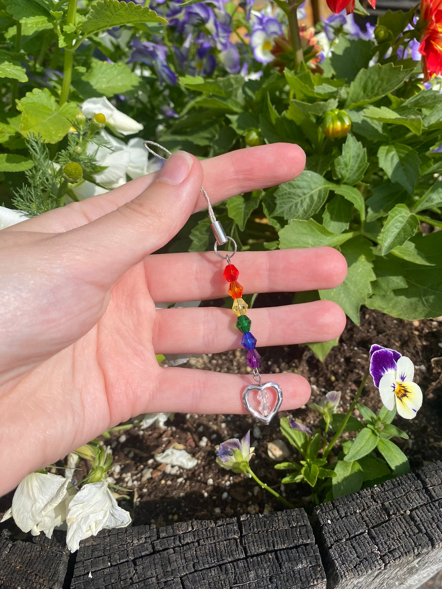 Rainbow Heart Crystal Beads Silver Phone Charm