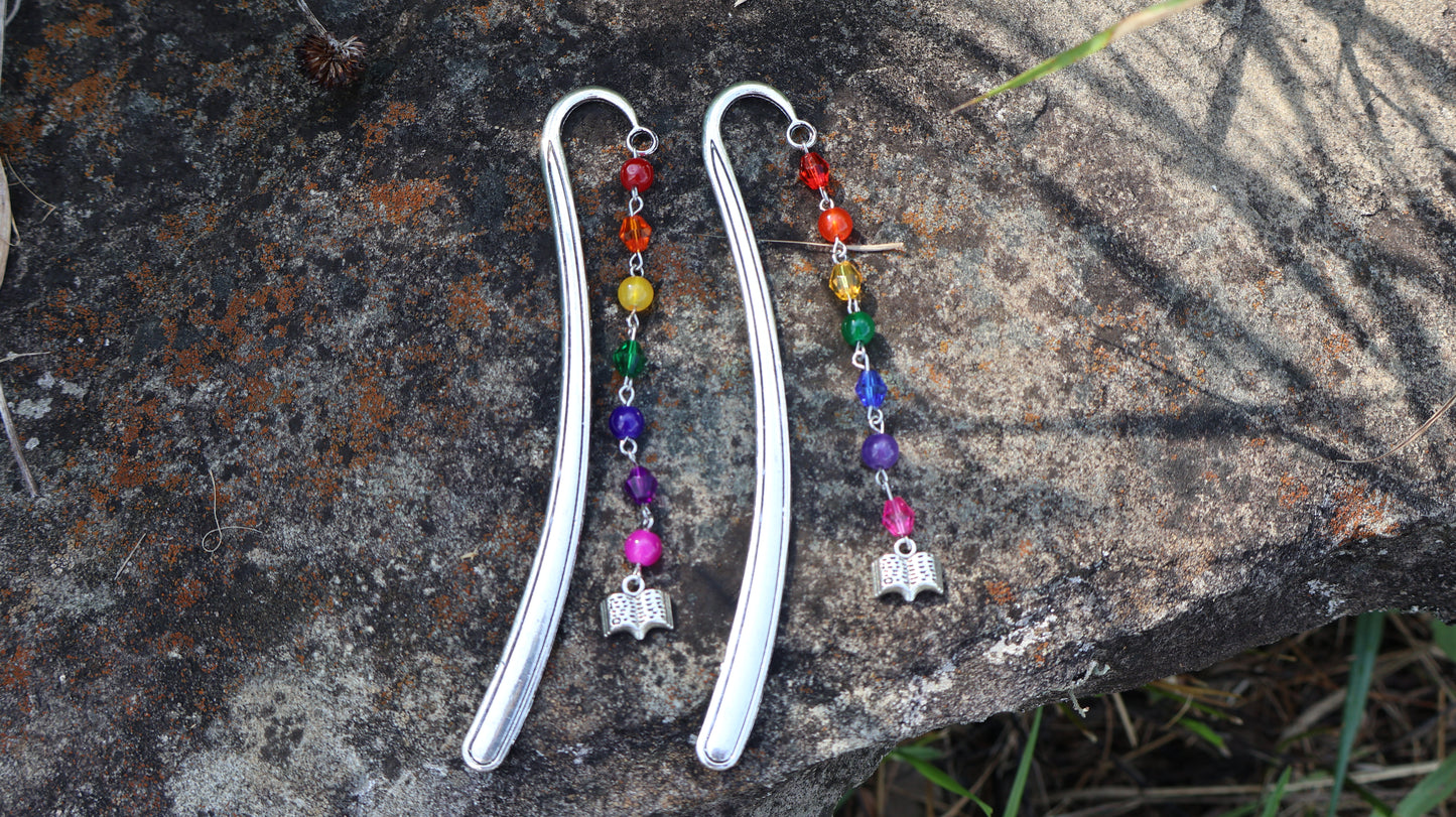 Rainbow Beaded Reading Bookmark in Silver