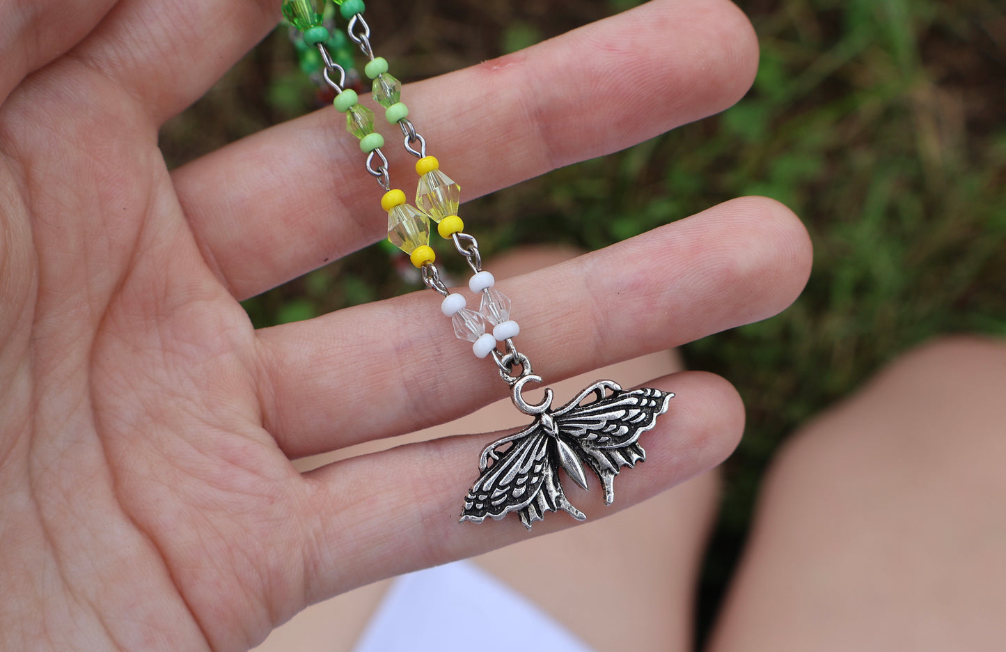 Luna Moth Silver Beaded Charm Necklace